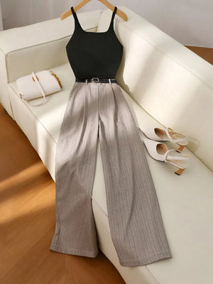 Chic sleeveless top with pinstripe wide-leg pants set, black and gray