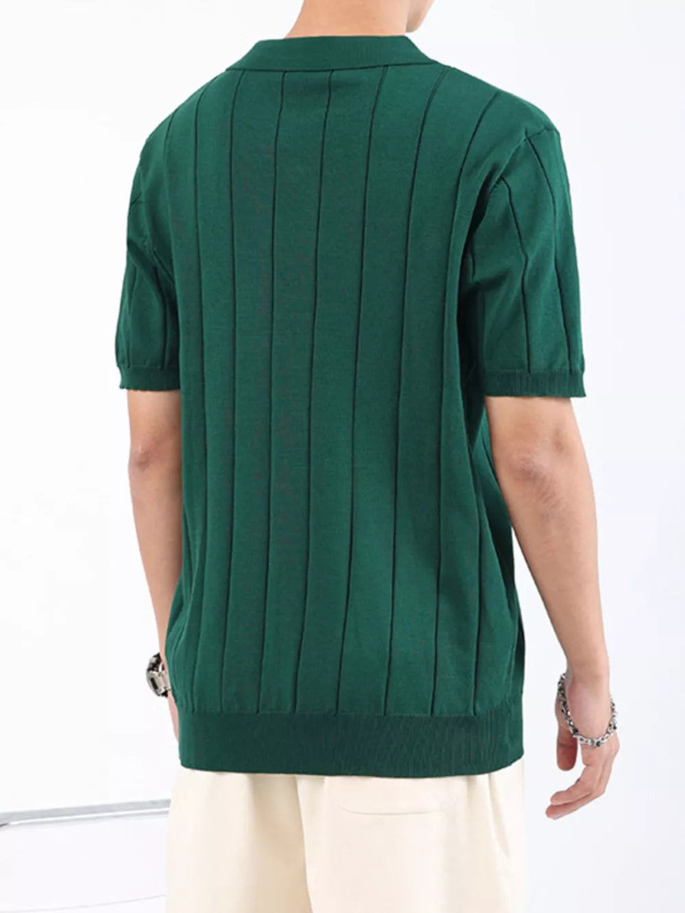 Men's Wood Green ribbed knit polo shirt with vertical stripe detail and short sleeves.