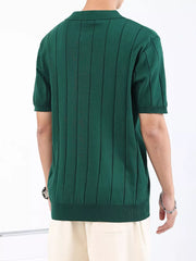 Men's Wood Green ribbed knit polo shirt with vertical stripe detail and short sleeves.