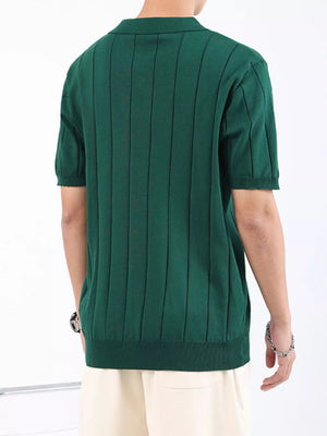 Men's Wood Green ribbed knit polo shirt with vertical stripe detail and short sleeves.