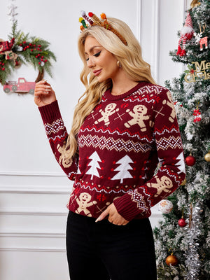 Burgundy acrylic knit sweater with gingerbread and Christmas tree Fair Isle pattern.