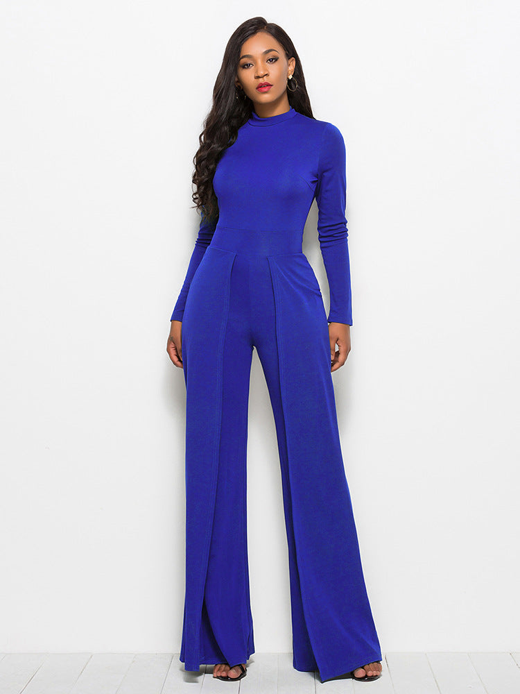 Royal blue high-waisted palazzo jumpsuit with long sleeves and front slit pants.
