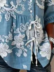 Embroidered Floral Tie Front Shirt Plus Size in Blue, view 18