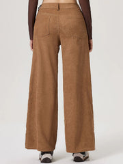 Camel corduroy wide-leg trousers with buttoned waist and back pockets.