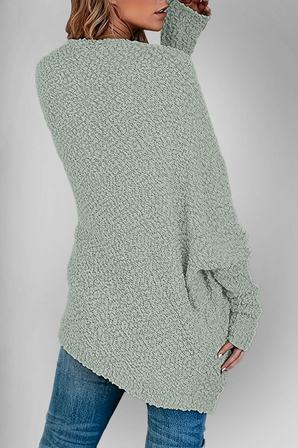 Textured popcorn knit open cardigan in Gum Leaf green with long sleeves and a relaxed fit.