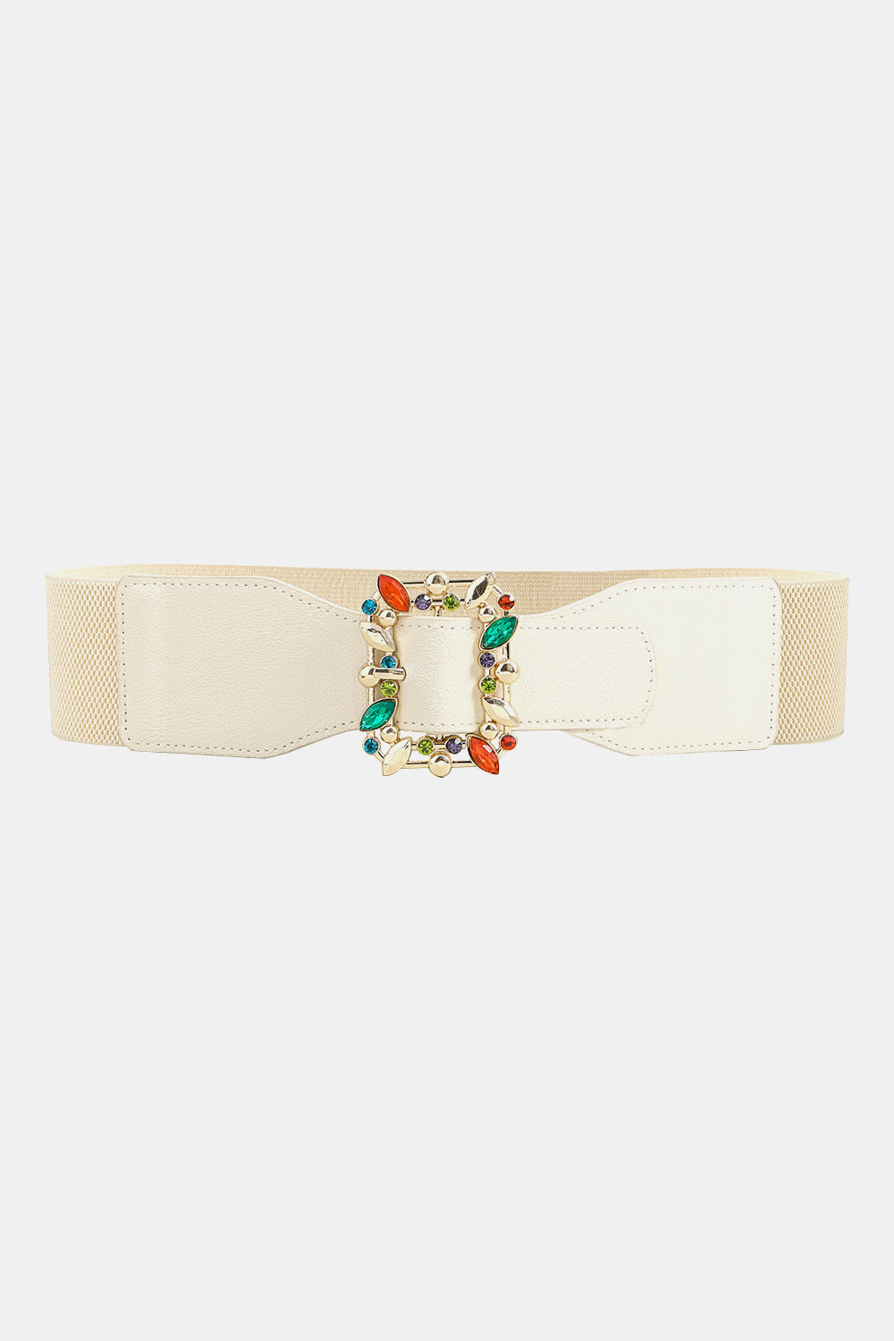 Ivory elasticated belt with jeweled buckle and colorful stones