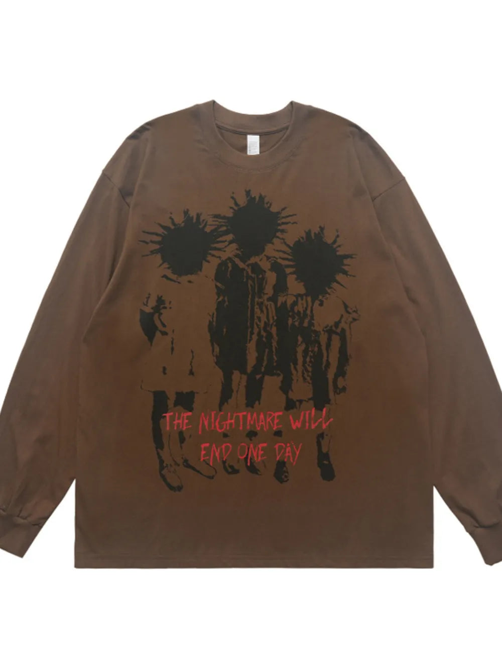 Brown cotton oversized graphic long sleeve tee with distressed figures and text graphic.