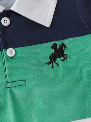 Color block polo romper for kids with navy, green, and white stripes and horse embroidery.