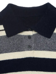 Striped Long Sleeve Button Detail Sweater in Dark Blue, fabric detail