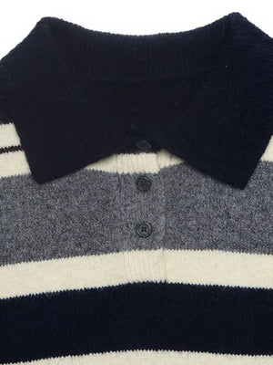 Striped Long Sleeve Button Detail Sweater in Dark Blue, fabric detail