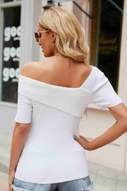 White ribbed asymmetric off-the-shoulder top with short sleeves.