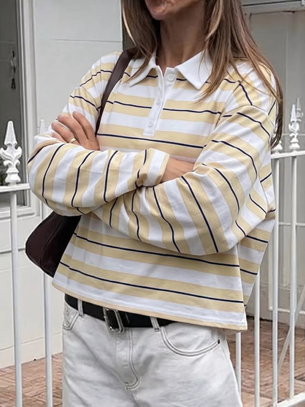 Striped Long Sleeve Polo Top in Yellow, back view