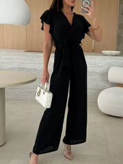 Surplice Ruffle Sleeve Wide Leg Jumpsuit in Black, close-up detail
