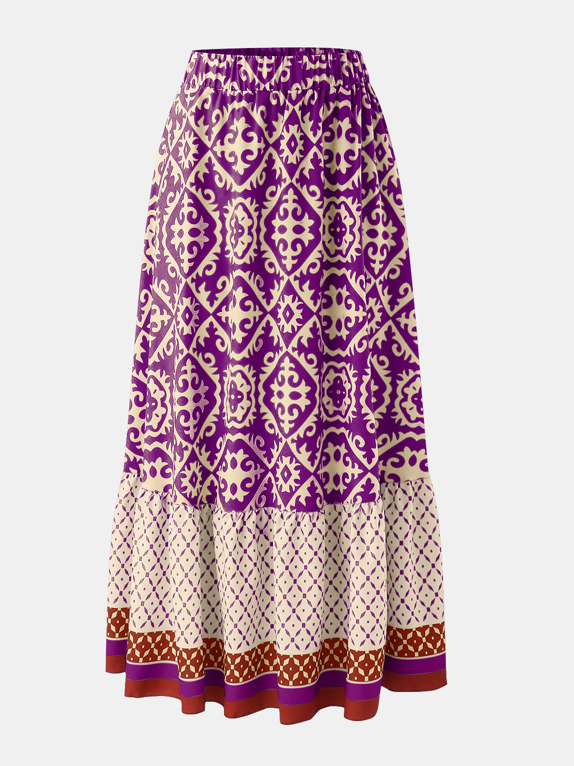 Purple tiered maxi skirt with medallion and diamond prints and elastic waist