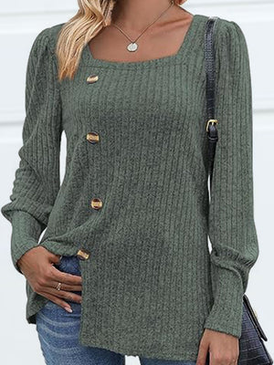 Ribbed knit blouse in Sage with square neck, puff sleeves, and decorative buttons.