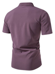 Men's short sleeve button-up shirt in Mauve cotton with a band collar.