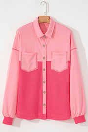 Blush pink waffle knit panel shacket with button front and chest pockets.