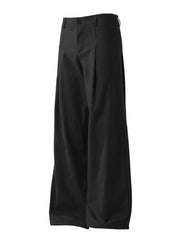 Men's black wide-leg trousers with button closure and belt loops.