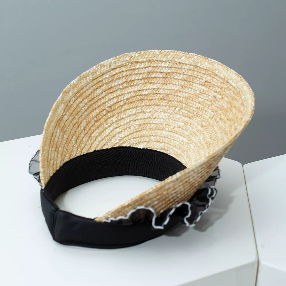 Straw visor hat with black band and lace trim