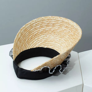 Straw visor hat with black band and lace trim