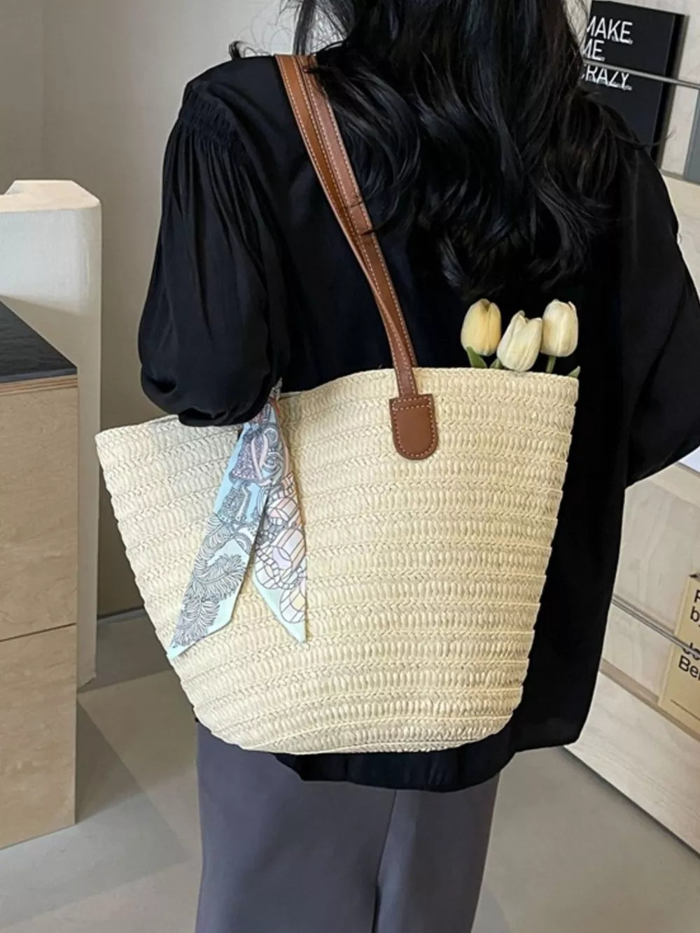 Straw Woven Shoulder Bag in Beige White, side view