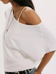 White asymmetrical relaxed fit t-shirt with a V-neck and one shoulder strap.