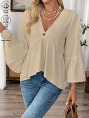 Apricot cotton V-neck bell sleeve blouse with button detail