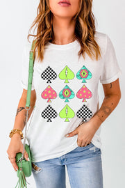 White graphic tee with checkerboard and lightning bolt spade print