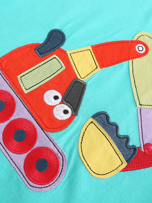 Excavator graphic tee with colorful applique details on a blue background.