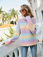 Chunky knit turtleneck sweater with rainbow gradient stripes in pastel colors, acrylic blend.