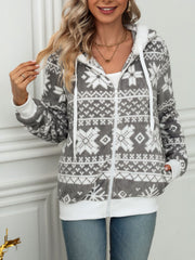 Gray fleece zip-up hoodie with white Fair Isle snowflake pattern and white trim.