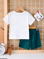 Baby set with white tee and green dinosaur print shorts
