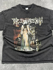 Vintage wash black graphic tee with a hooded figure and gothic imagery.