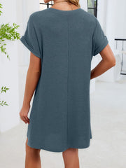Sheer lace yoke t-shirt dress in French Blue with cuffed short sleeves and above-knee length.
