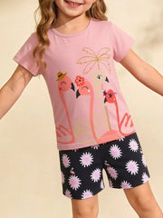 Pink flamingo graphic tee and floral print shorts for baby girls, cotton blend.
