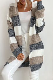 Open-front knit cardigan with block stripes in khaki, black, white, and dark gray.