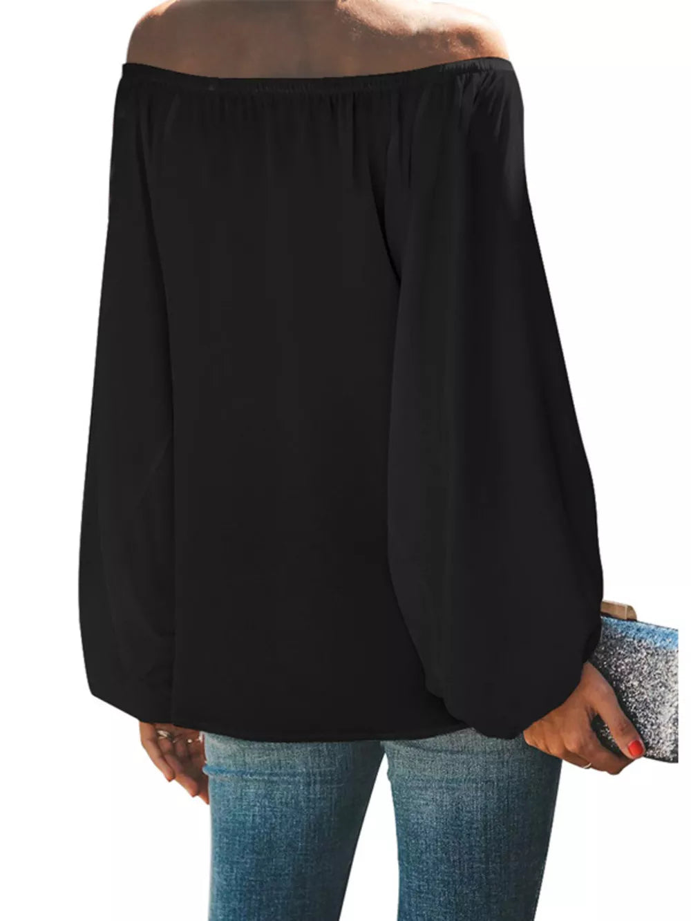 Black off-shoulder maternity blouse with balloon sleeves, styled with jeans and a clutch.