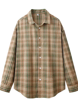 Relaxed fit cotton button-up shirt with green and brown plaid pattern.