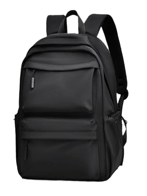 Black urban commuter backpack with multiple exterior pockets and zippers.