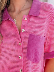 Waffle-knit button-down shirt in cerise with a contrasting pocket and collar.