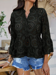 Black eyelet embroidered peplum blouse with ruffled bell sleeves and button front