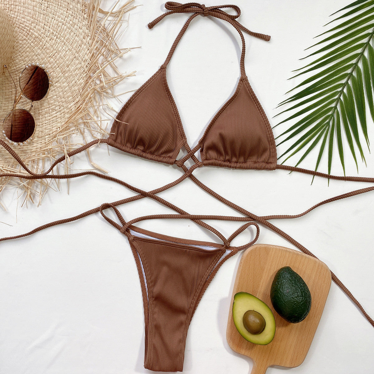Mocha ribbed halter bikini set with crisscross ties and triangle cups.