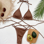 Mocha ribbed halter bikini set with crisscross ties and triangle cups.