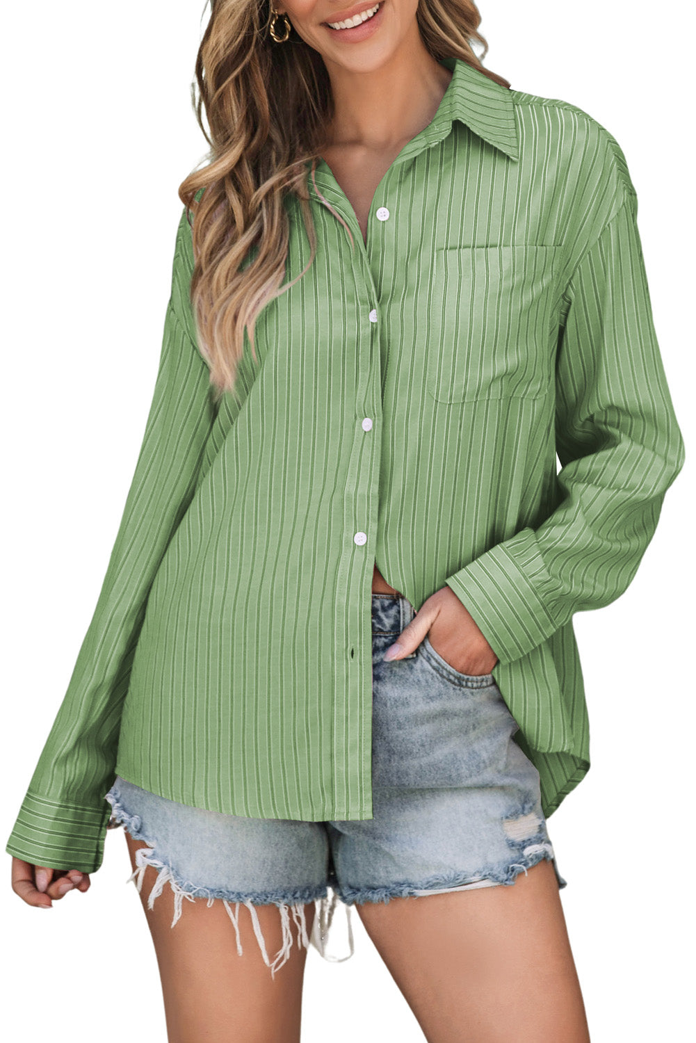 Oversized Sage Stripe Oxford Shirt with button front and chest pocket.