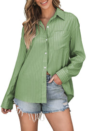 Oversized Sage Stripe Oxford Shirt with button front and chest pocket.