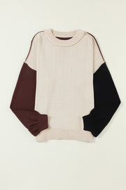 Chic Contrast Cozy Sweater in cream with brown and black balloon sleeves and crew neck.