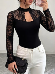 Lace Trim Cutout Front Top in Black, side view