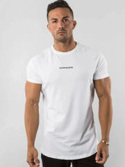 White athletic crew neck t-shirt with small black logo detail on chest.