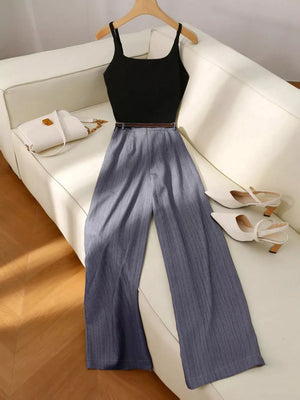 Chic sleeveless top and wide-leg pants set in dark gray with pinstripe detail.