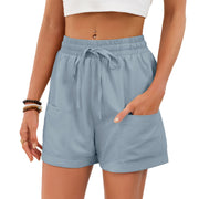 Blue casual shorts with elastic waist, drawstring, and pockets.